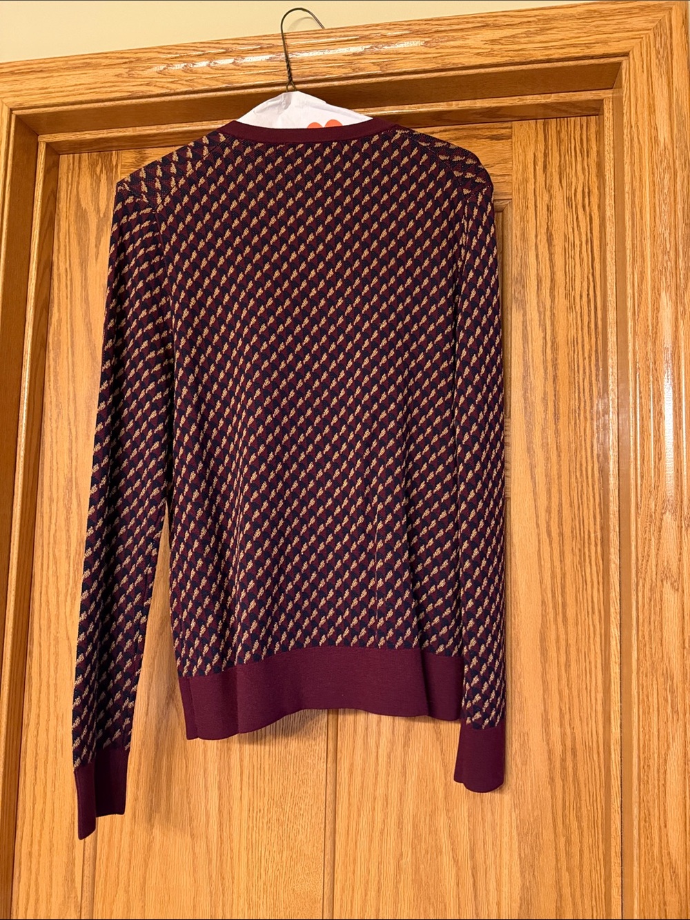 Ann Taylor Burgundy and Tan/Gold Patterned Open Cardigan - Picture 4 of 6